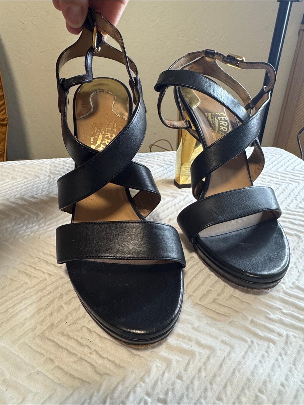 Salvatore Ferragamo Black Leather Crisscross Sandal with Gold Heel